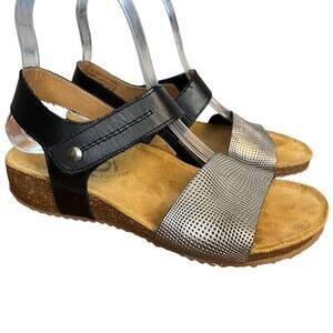 Otbt Florence Womens Wedge Ankle Strap Leather Silver Black Sandals Shoes sz 6
